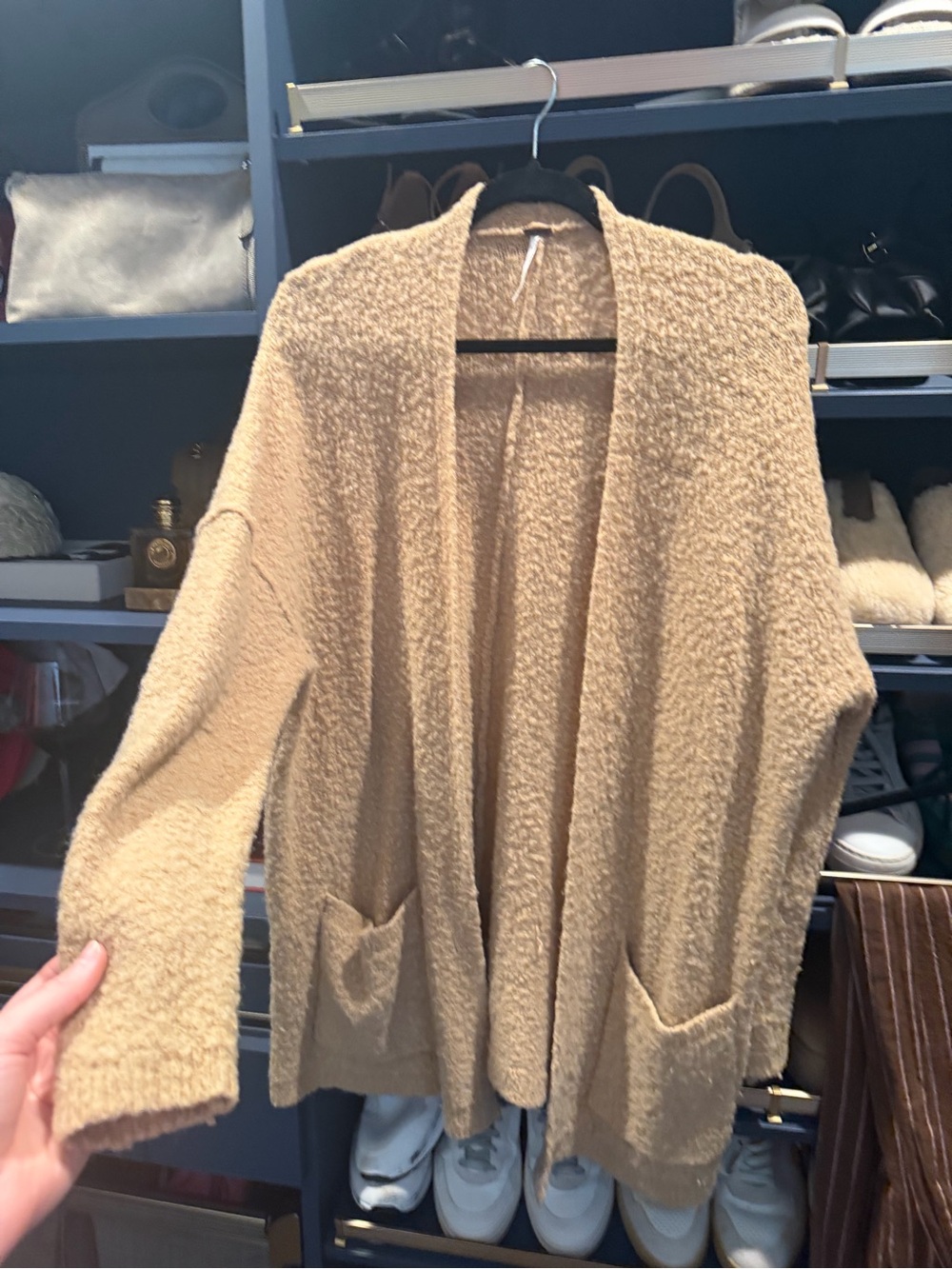 Free People Bouclé Open-Front Cardigan in Camel Beige